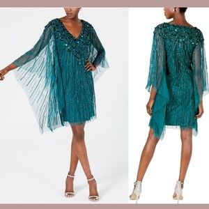 NEW Adrianna Papell Beaded Sequin Mesh Kaftan Dress Dark Jade‎ [SZ Small ]